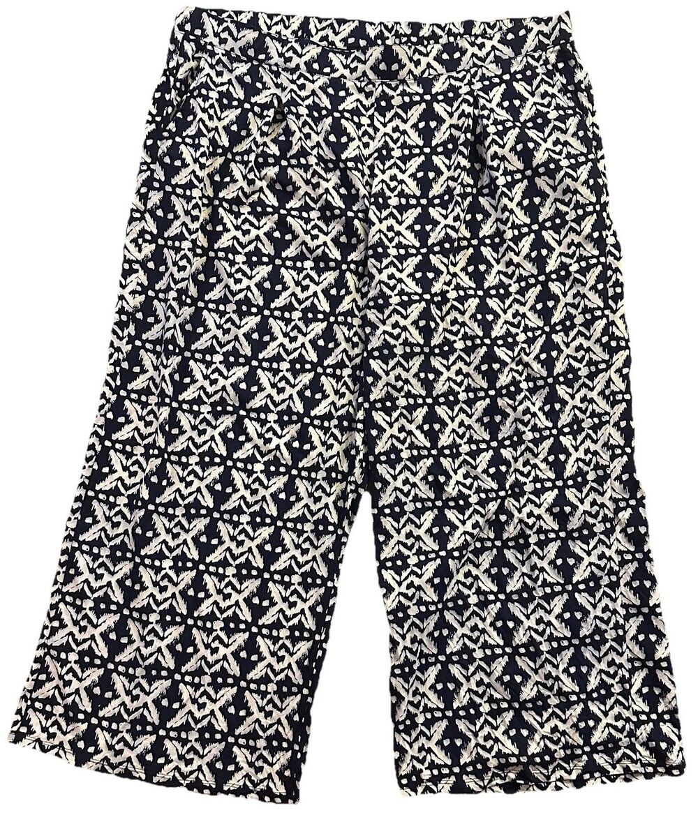 Ellos 2X 26/28 Navy White Abstract Wide Leg Pants Elastic Waist Plus Size Flowy